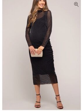 Pink-blush Maternity Black Sheer Midi Dress with Long Sleeves
